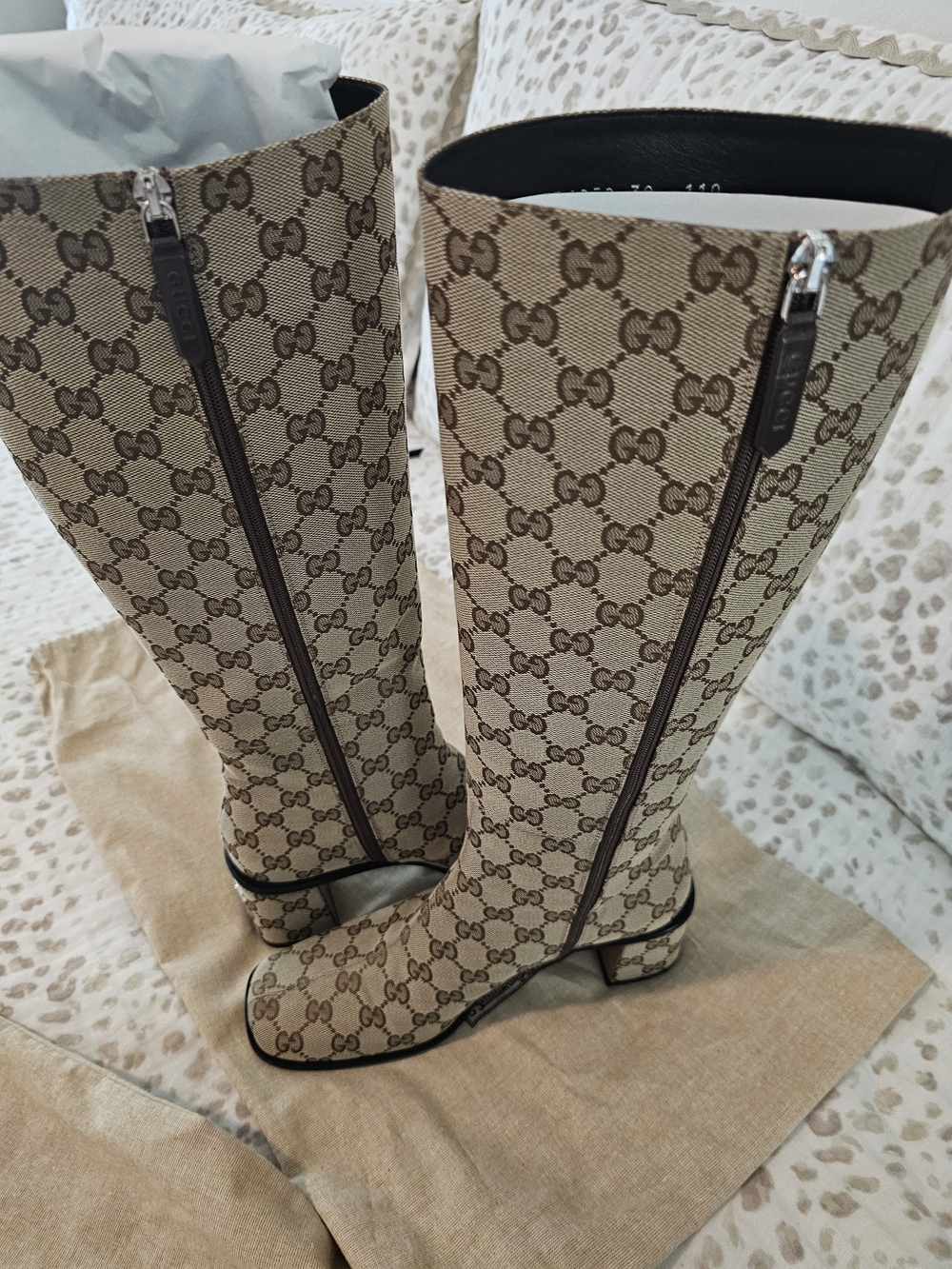 Gucci Beige Monogram Knee-High Square Toe Boots